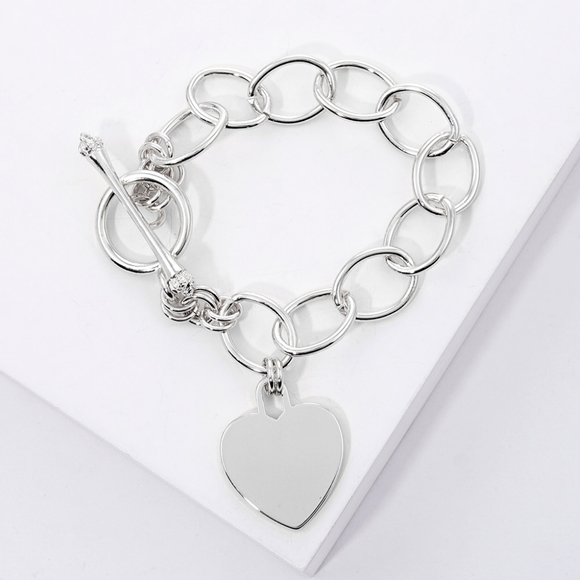 Silver Heart Lock Pendant Charm Toggle Bracelet Dipped Metal Chain Link - Picture 1 of 2